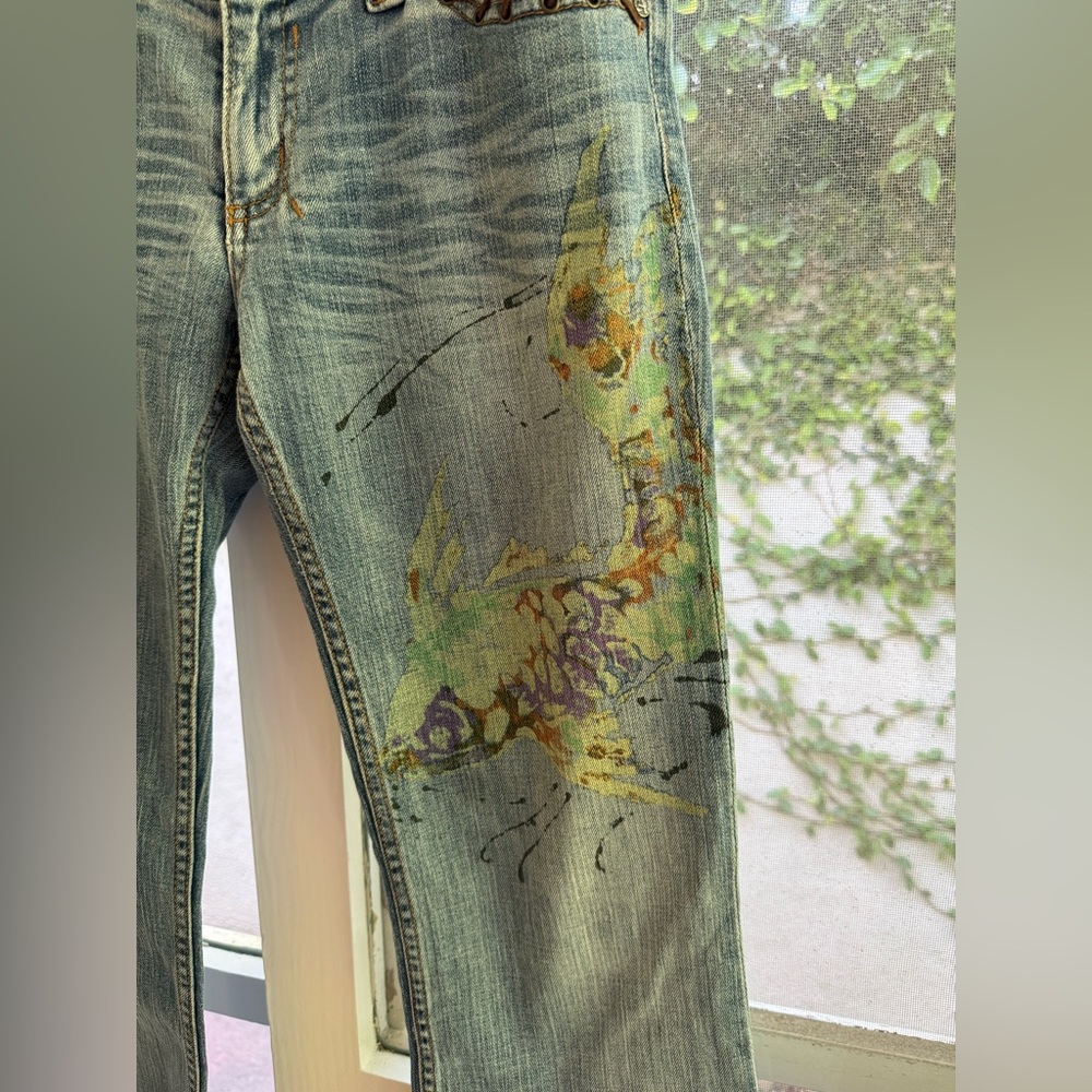 Vintage Y2K Allen B. By Allen Schwartz Watercolor Koi Fish Low Rise Flare Jeans - Picture 2 of 15